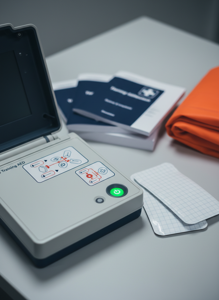 A close-up, photographic realism image of an open training AED unit on a light gray tabletop, its bright green power button and illustrated electrode pad diagrams crisp and legible. Unused adhesive pads rest beside the device with visible textures on the backing. Behind it, neatly stacked training manuals with navy and white covers are slightly out of focus, along with a folded high-visibility emergency blanket. Cool, diffused overhead lighting provides clear visibility without harsh shadows, creating a calm, competent atmosphere. Shot from a slightly elevated angle using shallow depth of field so the AED is in sharp focus while the background softly blurs, giving a clean, professional, instructional feel.