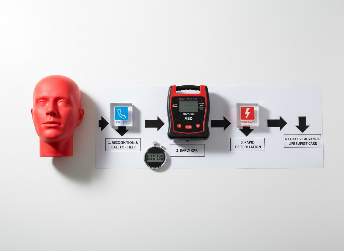 A detailed tabletop layout demonstrating the chain of survival, using only objects: a red CPR mannequin head, a training AED unit, a laminated flowchart with bold arrows, and a digital stopwatch, all arranged on a smooth white surface. Minimalist icons for calling emergency services and early defibrillation are printed on small acrylic blocks standing upright near the chart. Soft, directional studio lighting from the left creates subtle shadows and highlights edges, adding depth while keeping the scene clean and clinical. Photographic realism, top-down bird’s-eye composition with precise alignment and plenty of negative space, conveying clarity, structure, and a highly professional training-focused atmosphere.