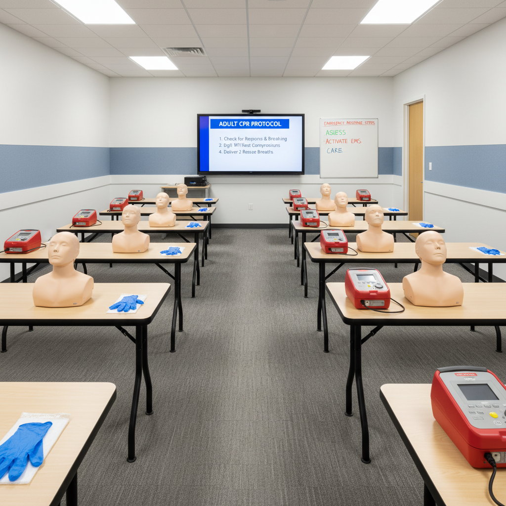 A well-equipped first aid classroom without any people, featuring rows of light wood tables each set with a CPR mannequin torso, a practice AED trainer, and a neatly folded pair of nitrile gloves. At the front, a large wall-mounted screen displays a paused CPR instructional slide, while a whiteboard with color-coded emergency response steps hangs to the side. The room has neutral gray carpeting, white walls, and subtle blue accent panels. Bright, balanced ceiling lighting evenly illuminates the space, creating a clear, organized, professional mood. Captured in photographic realism from a wide-angle perspective at standing height, with strong depth of field showing the entire room in sharp detail.
