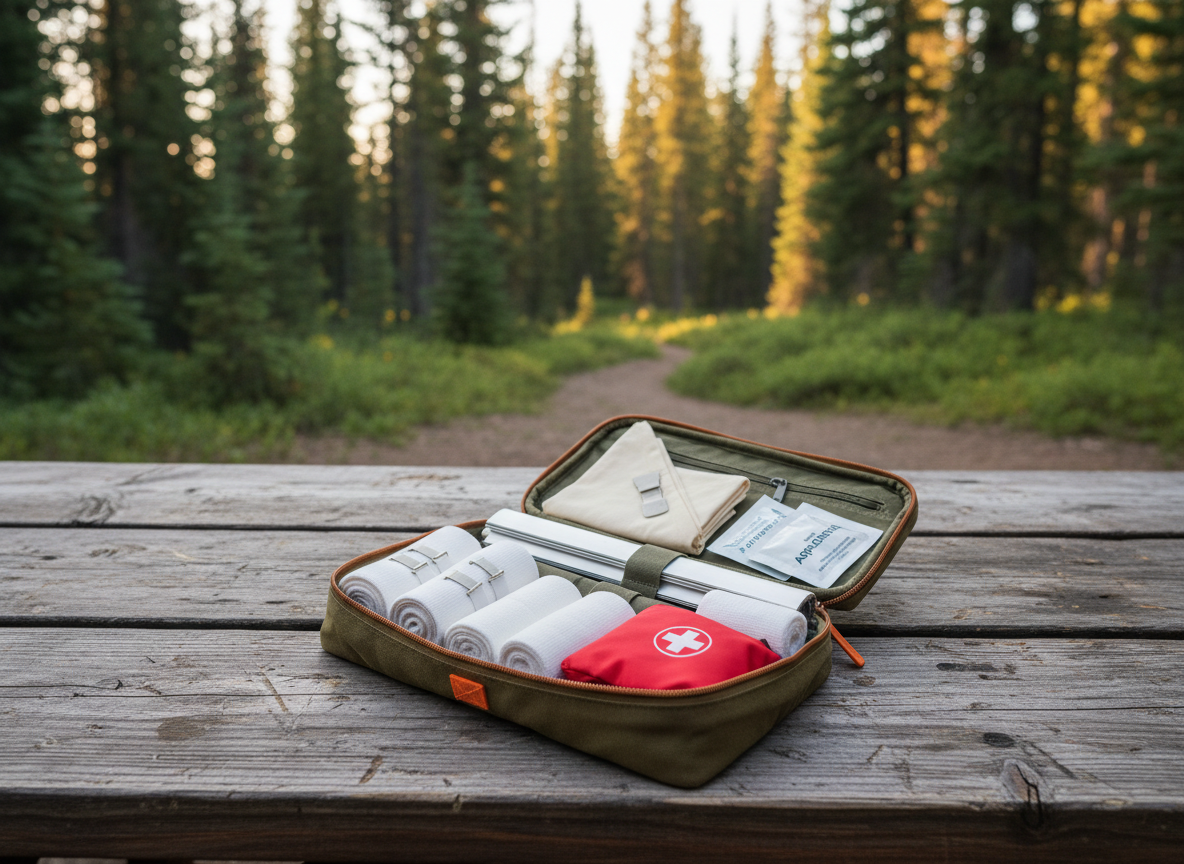 A compact wilderness first aid kit unzipped on a weathered wooden picnic table in a forest clearing, each item carefully arranged: elastic bandages, triangular bandages, a small splint, antiseptic wipes, gauze rolls, and a compact CPR face shield in a red pouch. In the softly blurred background, evergreen trees and a faint trail suggest remote terrain. Late afternoon natural light filters through the branches, casting gentle dappled shadows on the table and supplies, creating a prepared, reassuring atmosphere. Photographic realism, shot from a slightly elevated angle with moderate depth of field so the kit is crisp while the forest remains softly out of focus, emphasizing readiness for outdoor emergencies.